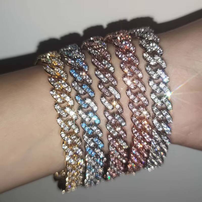 9mm Luxury Iced Out Diamond Cuban Link Bracelet Rose Gold Plated Bling White Moissanite Cuban Chain Hip Hop Fine Jewelry for Women