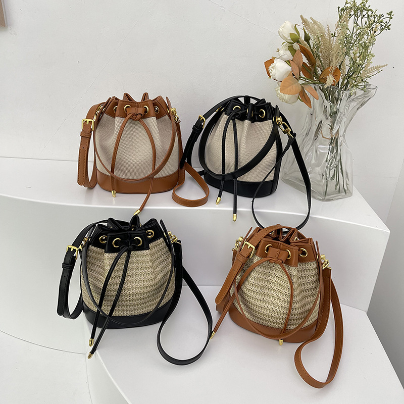 Guguo Free Shipping New Designer Bag Straw Woven Women's Bag Niche Design Fashion Retro Rattan Drawstring Bucket Bag Versatile Crossbody Bag