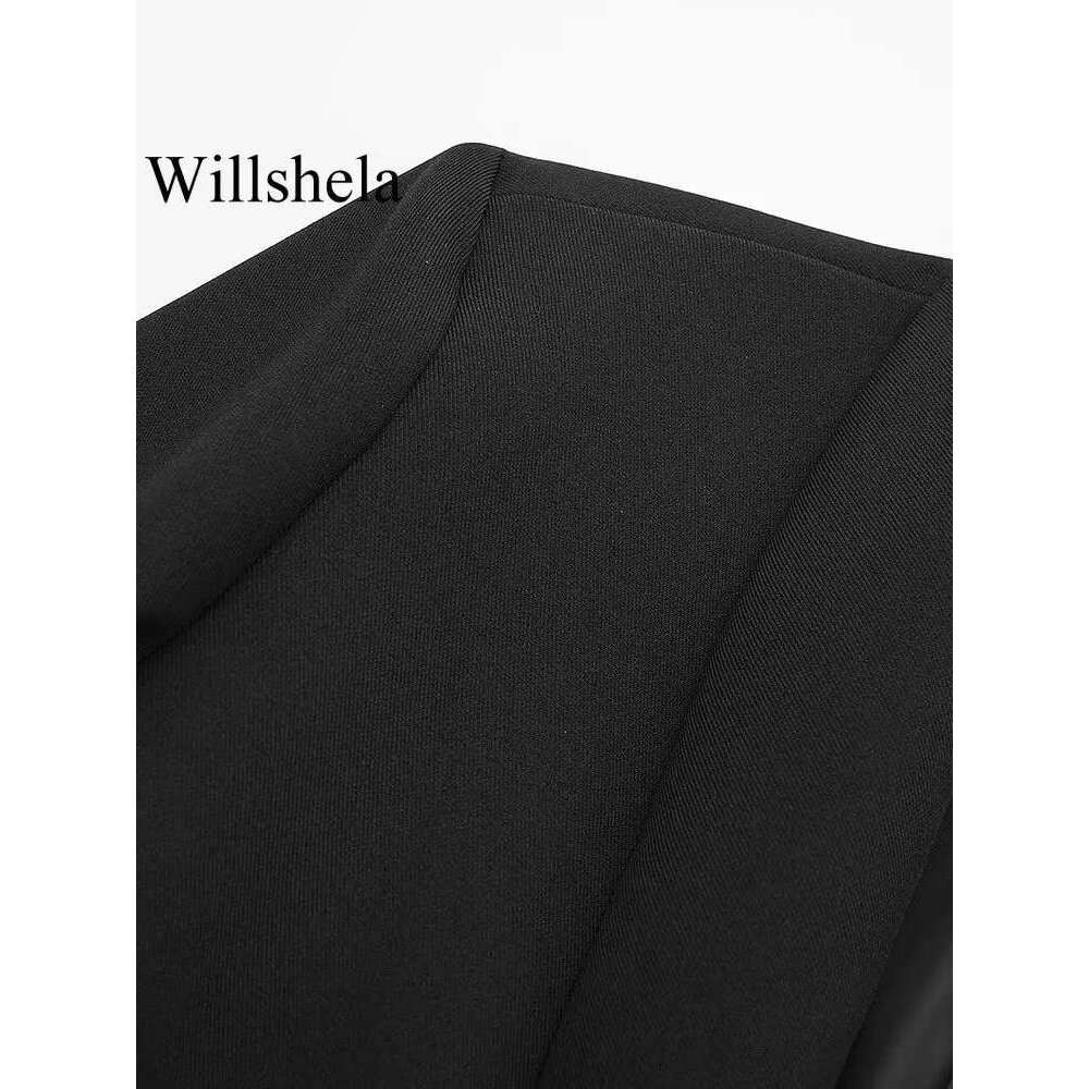 Willshela Women Fashion Satin Black With Feather Blazer Jacket Vintage Notched Neck Single Button Long Sleeves Female Outfits