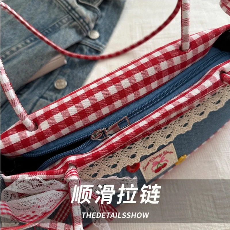 Versatile Lace Bow Plaid Women Shoulder Bags Casual College Girls Denim Underarm Bag Large Capacity Female Square Handbags Tote 251103