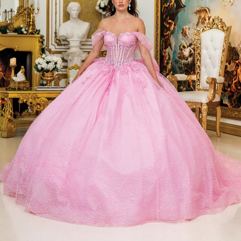 Pink Shiny Princess Quinceanera Dresses Off Shoulder Applique Beads Bow Tull Corset Sweet 16 Dress Ball Gown Vestidos 15 De Anos