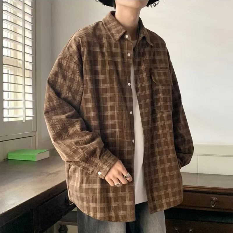 Autumn Plaid Corduroy Mens Shirt 2024 Y2K Street Clothing Workwear Retro Long Sleeve Product Loose Casual Top 250411e