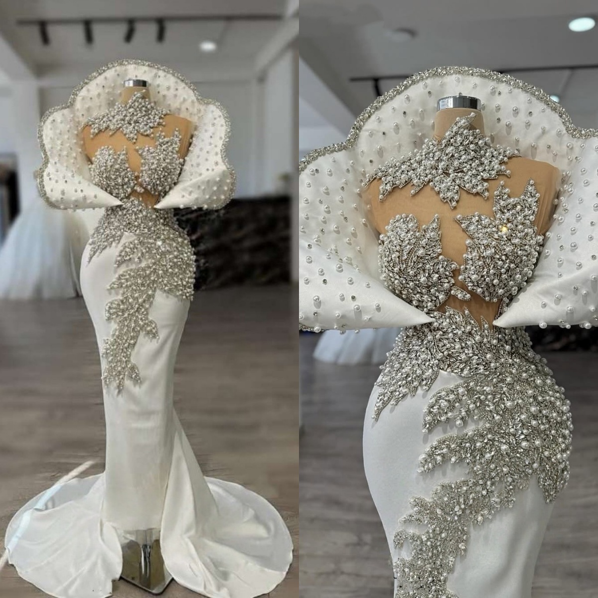 Luxury Wedding Dress 3D Lace Pearls Illusion Neck Bridal Gowns Celebrity Women Mermaid Bride Dresses Customized Satin