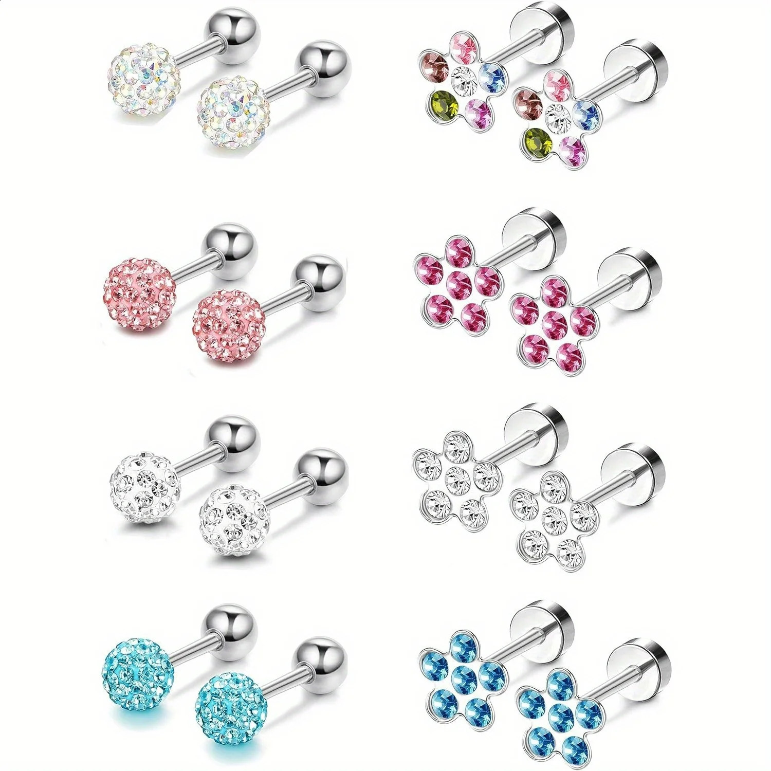 Drperfect 8 pairs of flower stud earrings set suitable for women colorful CZ ball earrings Tragus pocket perforated party jewelry 250409