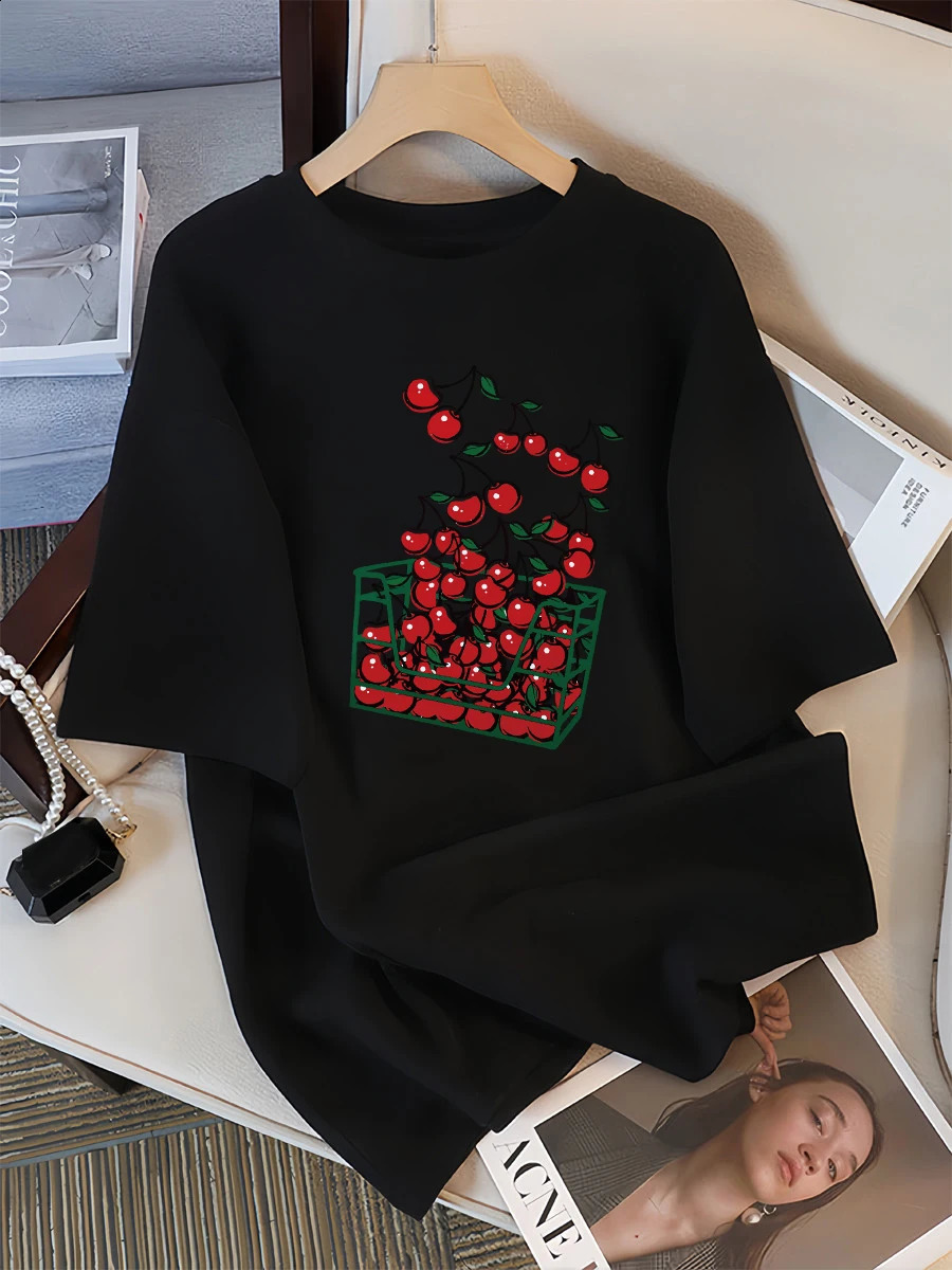 A Basket Of Cherries Printing Female Tee Shirt Breathable Casual T-Shirts Summer Short Sleeve Soft Loose Streetwear Women 250410