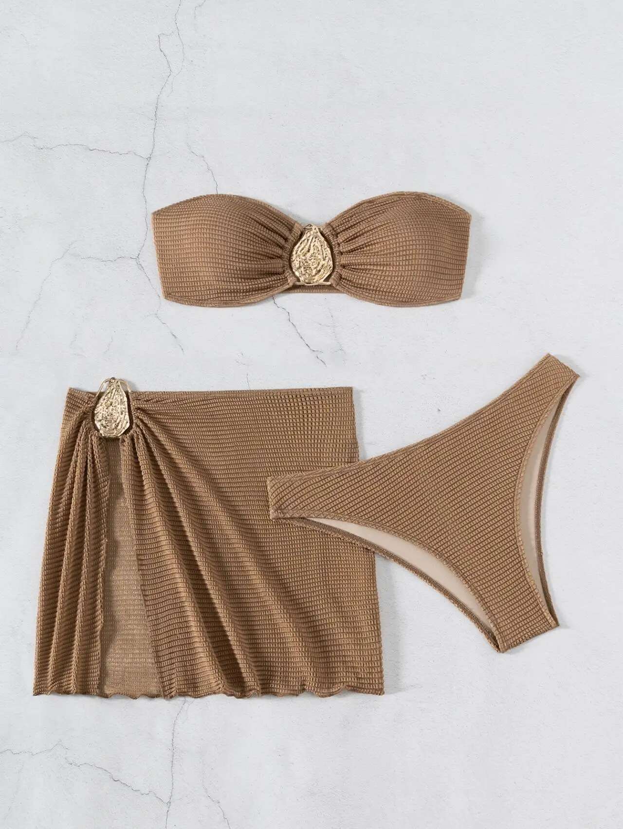 Sexy Bandeau Bikini Women Coffee Metal Water Droplet Ornament Push Up Mesh Skirt 3 Piece Swimsuit Beach Bathing Suit Swimwear