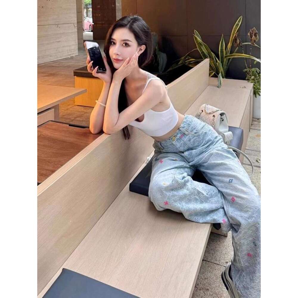 Women's jeans Women's Wear Nanyou Xiaoxiangfeng Colorful Letter High Waist Wide Leg Jeans Women's Straight Tube Embroidered Candy Tempe