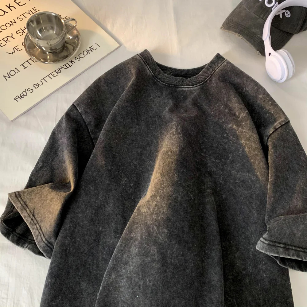 230G pure cotton retro T-shirt with off shoulder sleeves mens retro short sleeved T-shirt solid color hip-hop loose T-shirt 250411