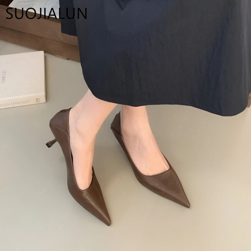 SUOJIALUN Women Pumps Shoes Fashion Pointed Toe Shallow Slip On Dress Single Shoes Ladies Thin High Heel Dress Pumps 251106