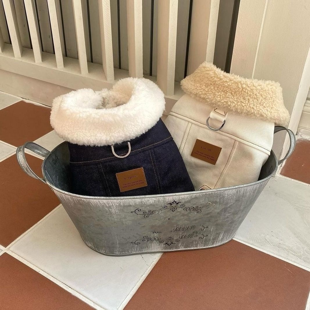 Warm Fleece Collar, Stylish Denim Design Dog Jacket, Trendy Pet Winter Coat with Pockets, Fashionable Cold-Resistant Apparel for Small Dogs, for Outdo