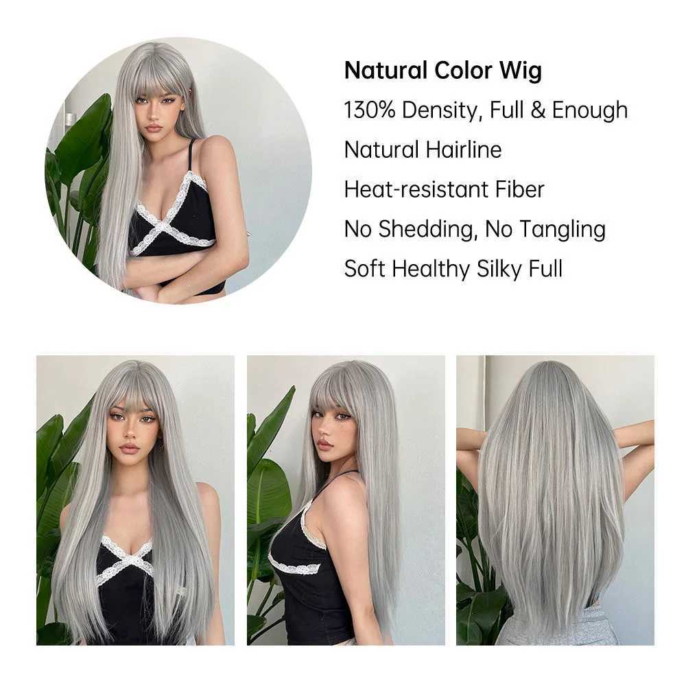 Long Straight Synthetic Wig Granny Gray Center Part Natural Bangs High Temperature Silk Wig For White Women Cosplay DailyT251111