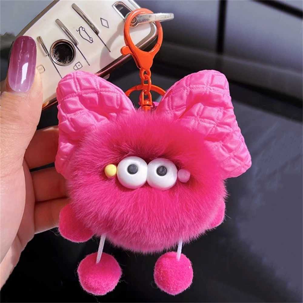 Cute cartoon big eyed plush doll bow keychain fun ball car keychain pendant toy backpack decoration accessories new gift W250411
