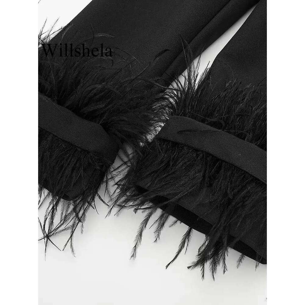Willshela Women Fashion Satin Black With Feather Blazer Jacket Vintage Notched Neck Single Button Long Sleeves Female Outfits