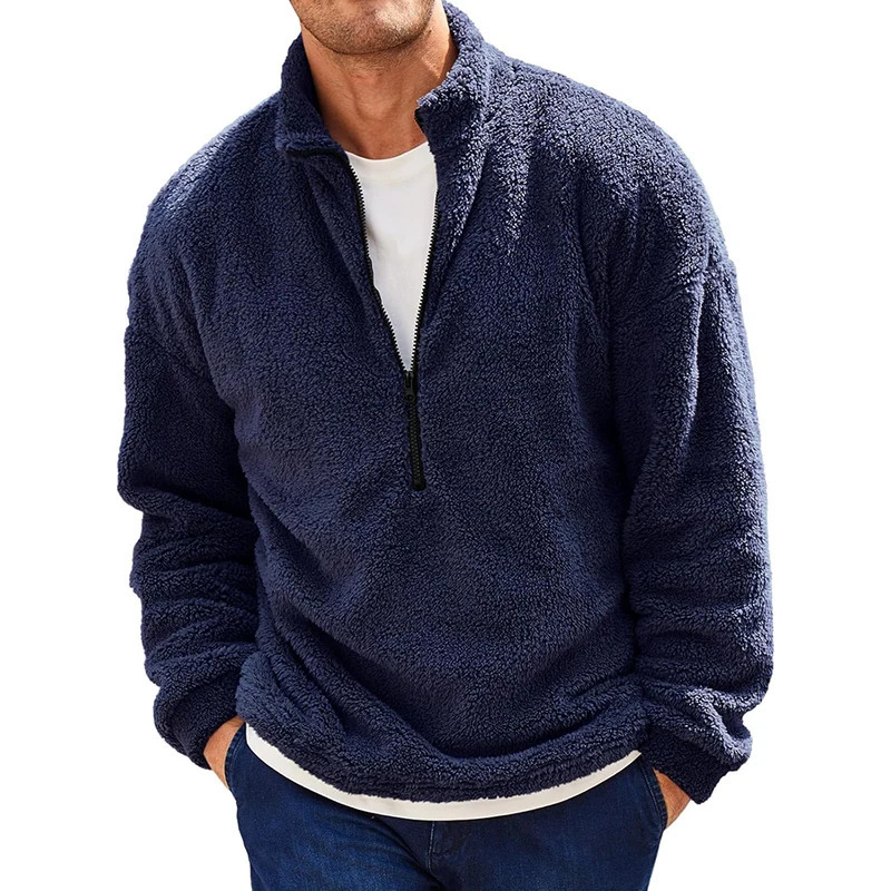 Men s Fall Fleece Quarter Zip Pullover Solid Color Stand Collar Long Sleeve Fuzzy Sherpa Warm Sweatshirt 251110