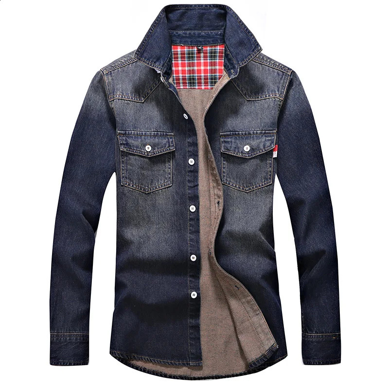 Denim shirt mens cotton denim fashionable autumn slim fit long sleeved washing top Asian size 3XL 250411e