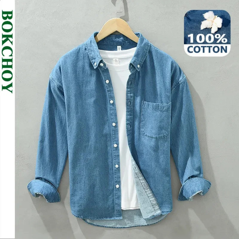Spring and summer long sleeved denim shirt trend mens pure cotton casual loose comfortable top CM2137 250411e