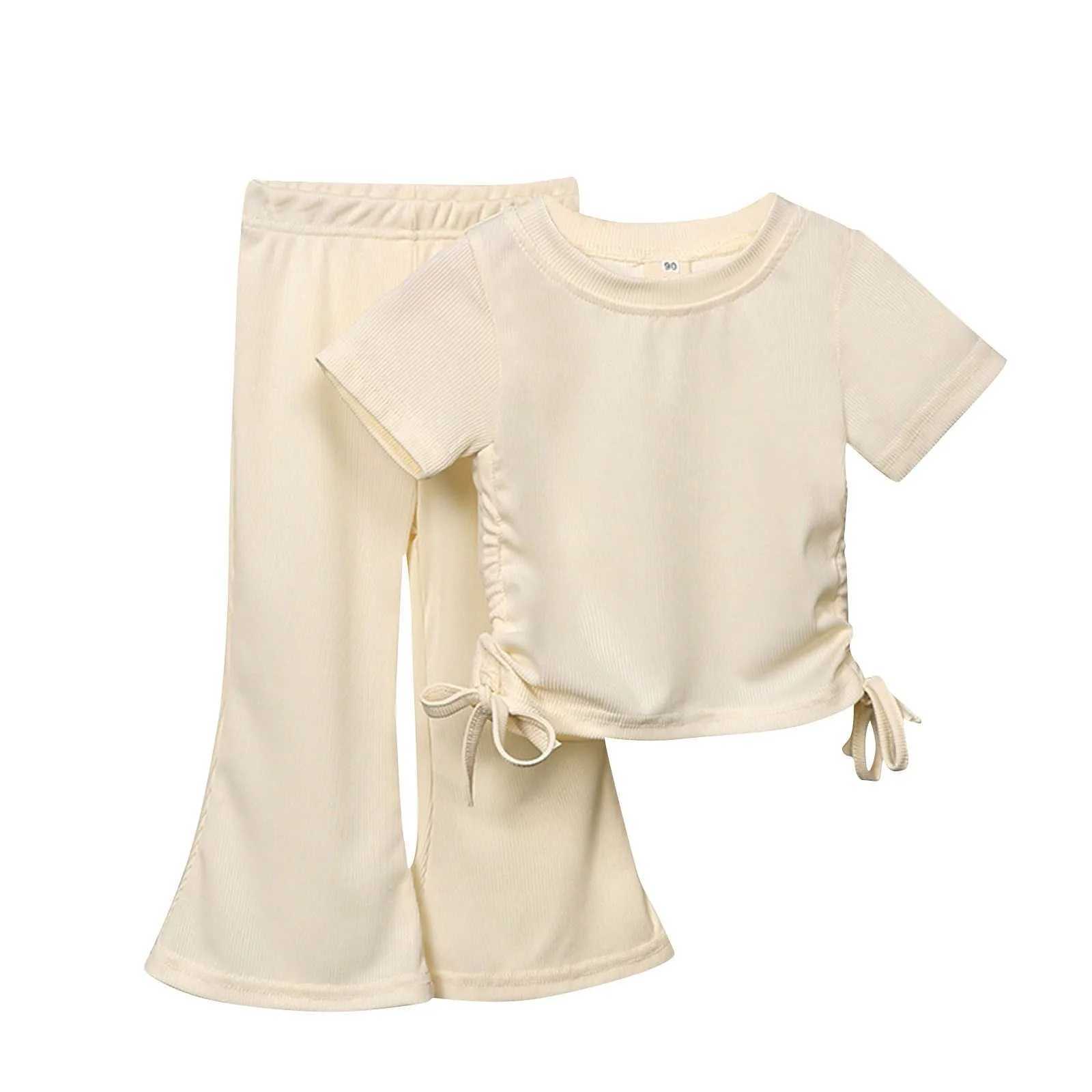 New Korean short sleeved set summer solid color floral top+flash pants thin casual two-piece set suitable for girls aged 2-8XJ250410