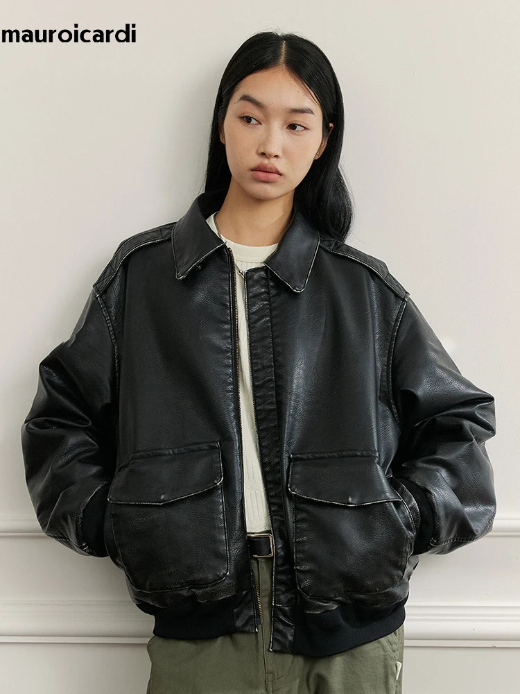 Mauroicardi Spring Cool Handsome Oversized Vintage Distressed Black Pu Leather Jacket Men Pockets Clothes 251105