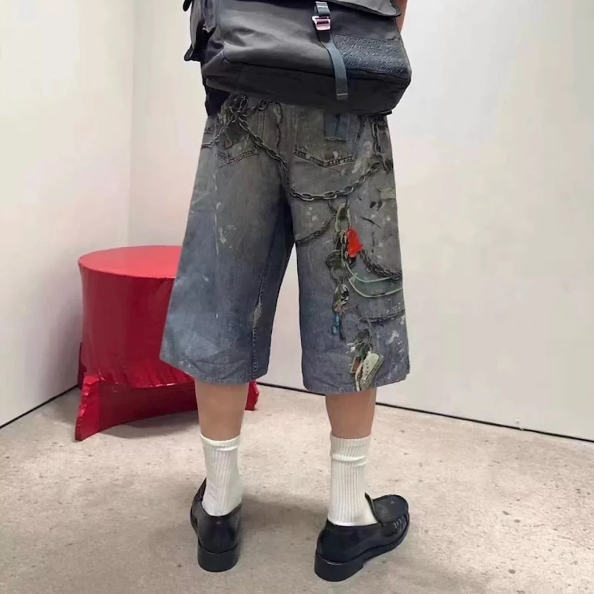 3D printing splicing work bag jeans mens street clothing summer wide leg splicing work casual loose knee length pants 250410