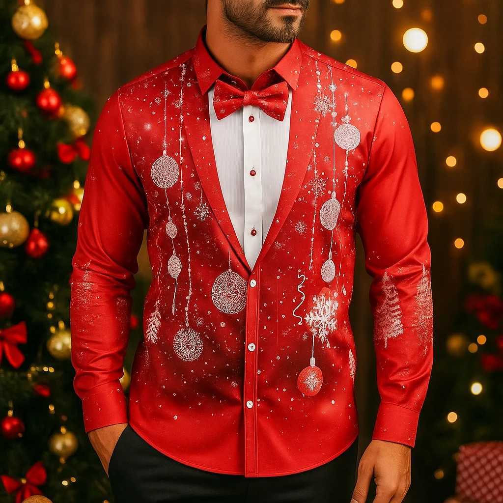 Mens Christmas Snowflake Formal Shirts 3D Printed Tie Design Elegant Tuxedo StyleHoliday Party Wedding AttireSpring Fall Wear K251110