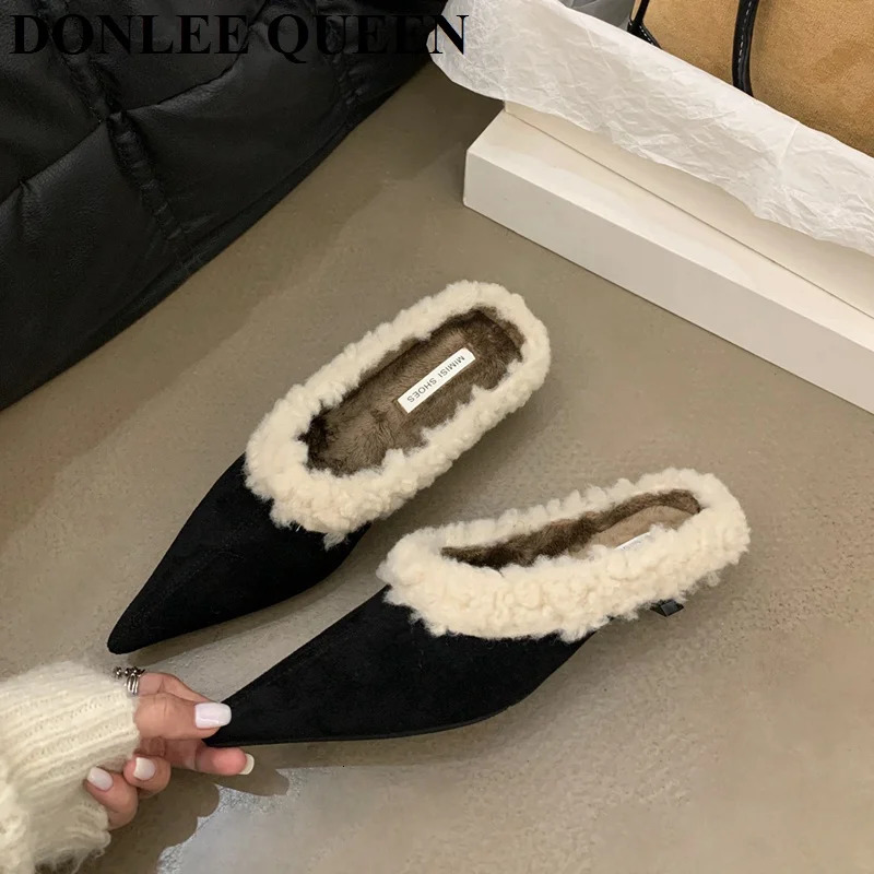 Fashion Mule Shoes Women Slippers Low Heels Fur Shoes Flip Flops Winter Autumn Warm Plush Shoes Pumps Female Footwear 251110