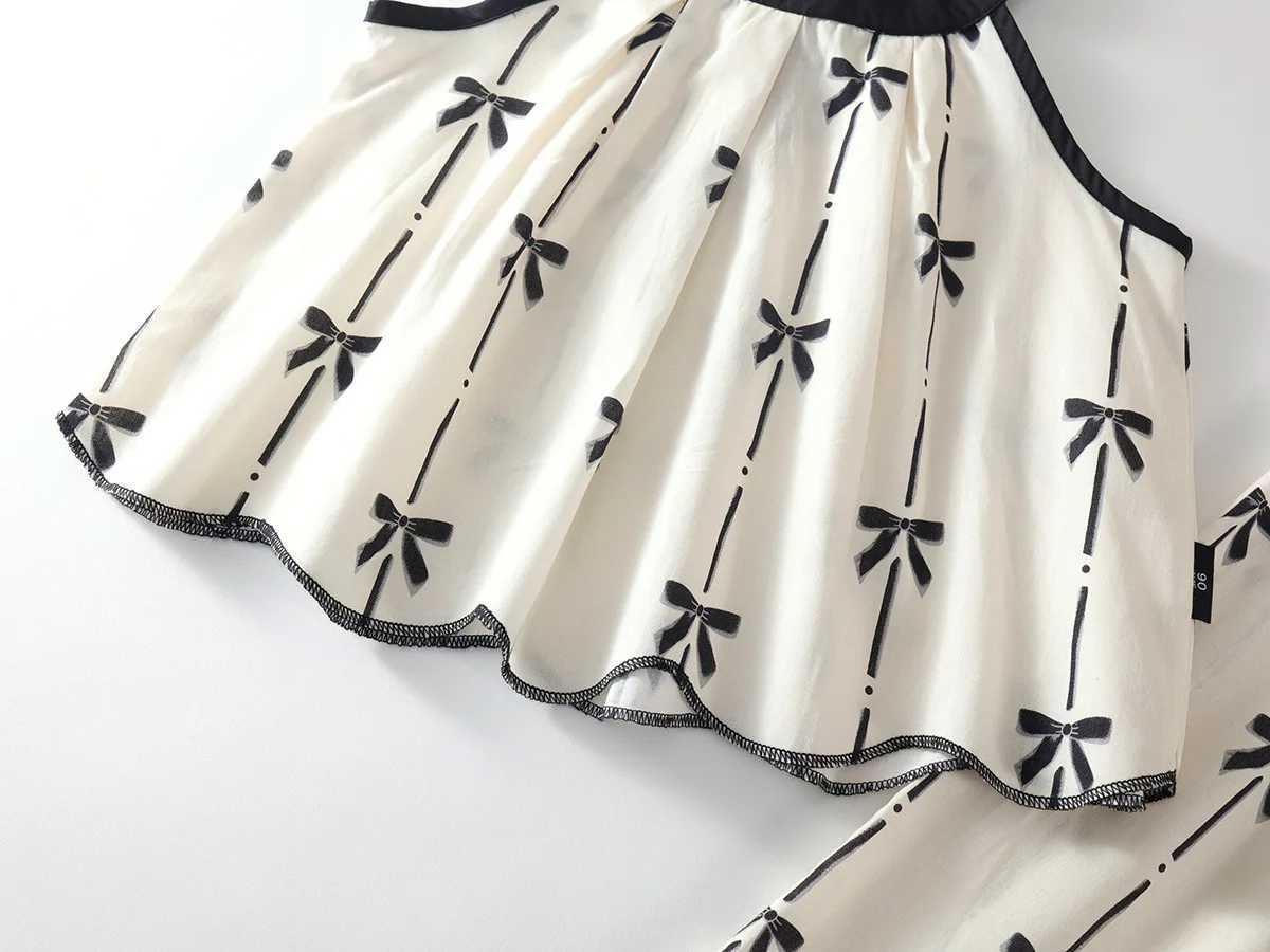 Summer 2025 New Girl Pure Cotton Two Piece Set - Korean Sleeve Bow Sleeveless Strap Top and Wide Leg Loose PantsXJ250410