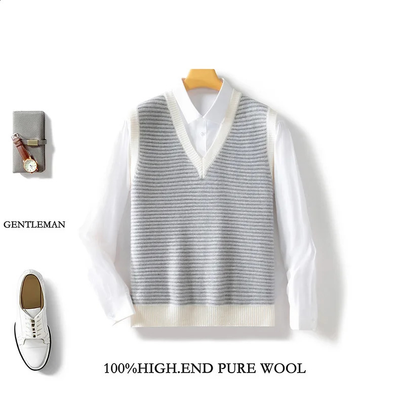 100 pure wool sleeveless vest for mens work in spring and autumn striped color matching knitted 250411Z