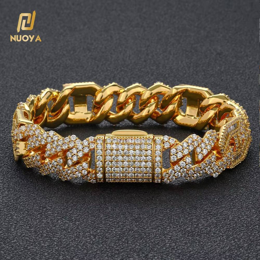 NUOYA Hip Hop Jewelry Silver Plated Cuban Bracelet Full Diamond Micro Pave Bling Moissanite Prong Cuban Link Chain Bracelet