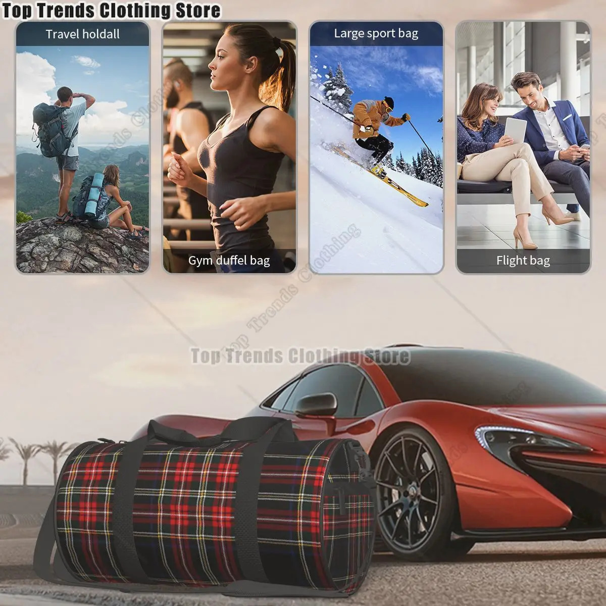 Black Modern Scottish Tartan Travel Bags Men Fitness Handbag Cylinder Shoulder Bag Women Large Travel Tote Luggage Bag 251110