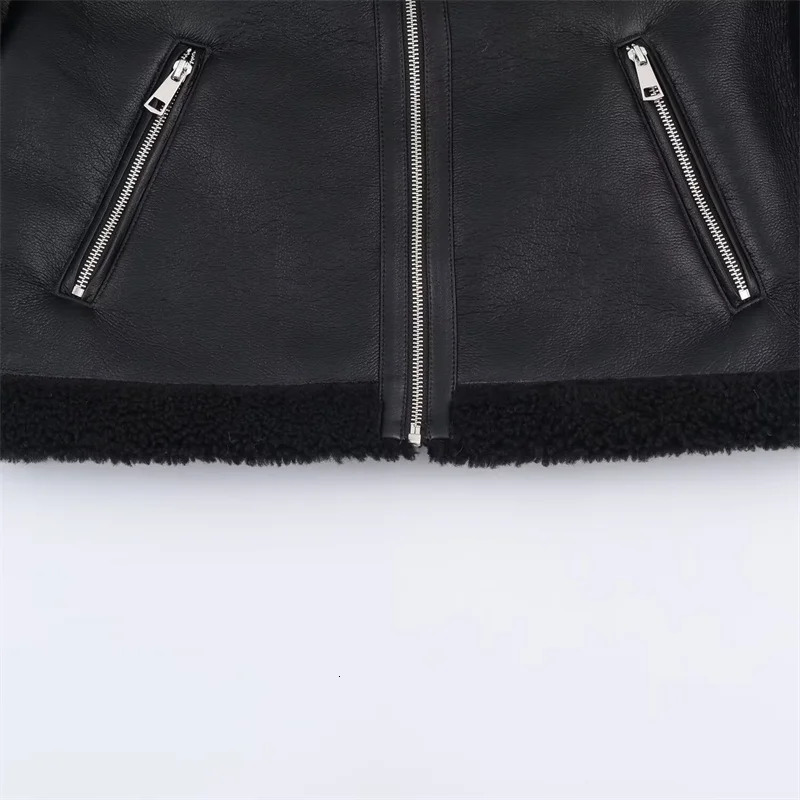 Womens Jacket Winter Style Black Long Sleeve Faux Leather Fleece Lined Warm Jacket Casual Fashion Versatile 251105