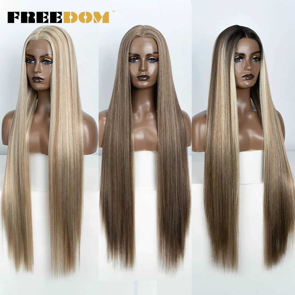 FREEDOM Straight Synthetic Lace Front Wig For Women 38 Inch Long Ombre Brown Red Blonde Hightlight Lace Frontal Wigs Cosplay WigT251111