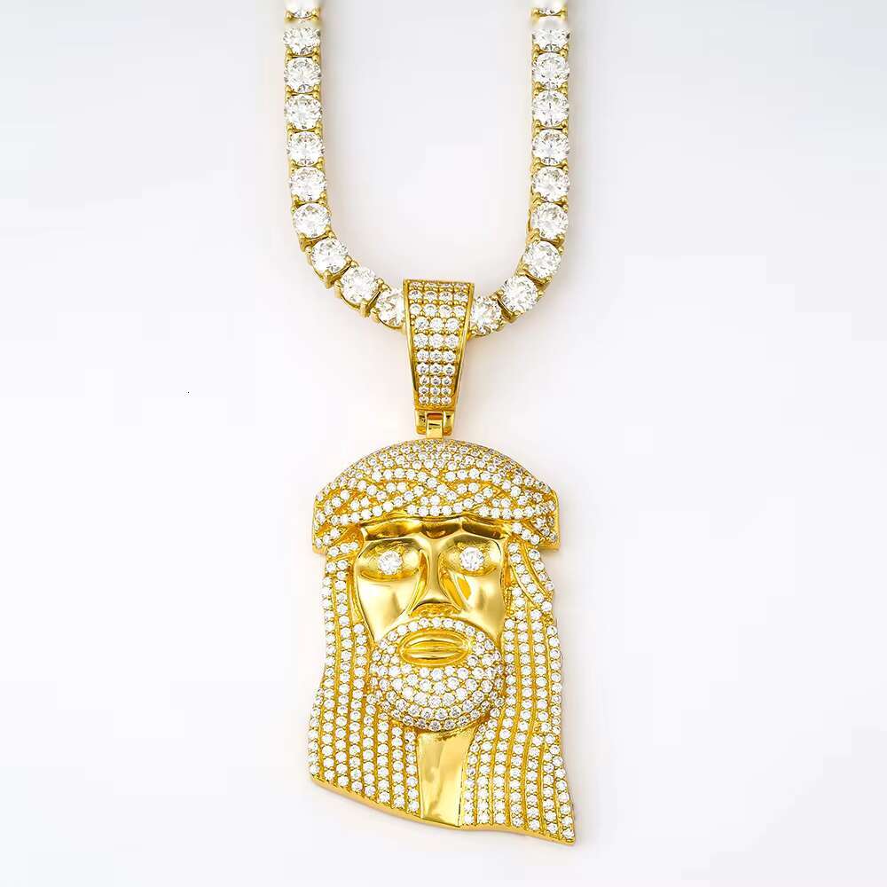 Yellow Gold Color 925 Silver Jewelry Hip Hop Ice Out Gra Vvs Cuban Tennis Necklace Chain Mossanite Moissanite Jesus Pendant