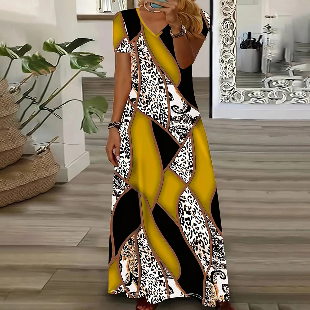 Summer er Patchwork Leopard Print Womens Dresses Plus Size Elegant Dresses Long Dresses Female Fashion Womens Cloth 250410