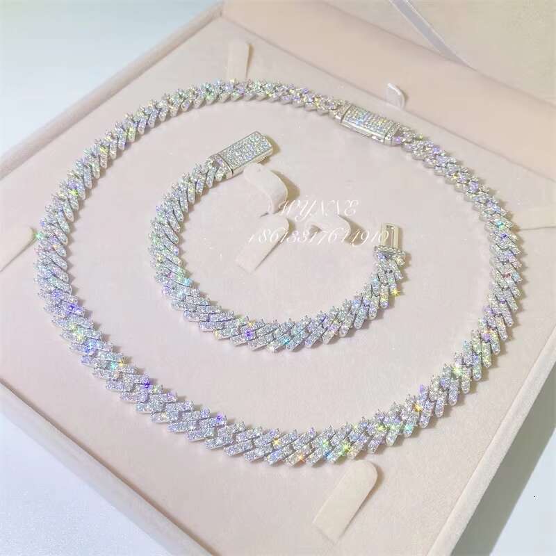 925 Sterling Silver 8mm/10mm/13mm Prong Setting Iced Out Moissanite Diamond Cuban Link Chain
