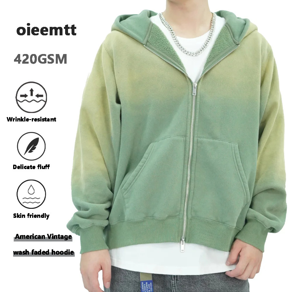 Mens Sun Faded Two-way Zip Up Jacket Unisex Washed Vintage 420GSM Hoody SweatshirtHigh Quality Heavy Weight Fuzzy Fleece Hoodie 251110