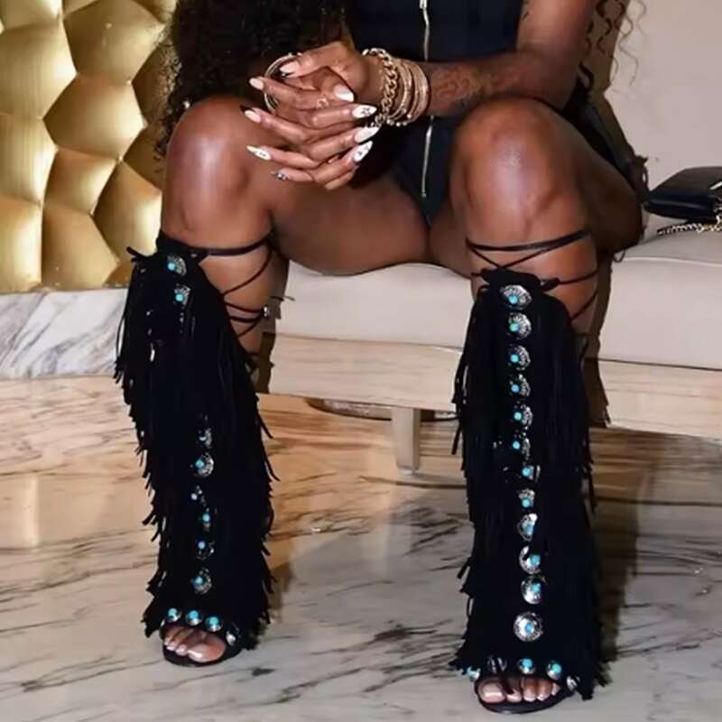 Women's Ultra-High Heel Knee-High Fringe Boots Strappy Lace-Up Ankle Strap Open-Toe Sandals With Tassel Charms, All-Season Dressy Shoes For Parti