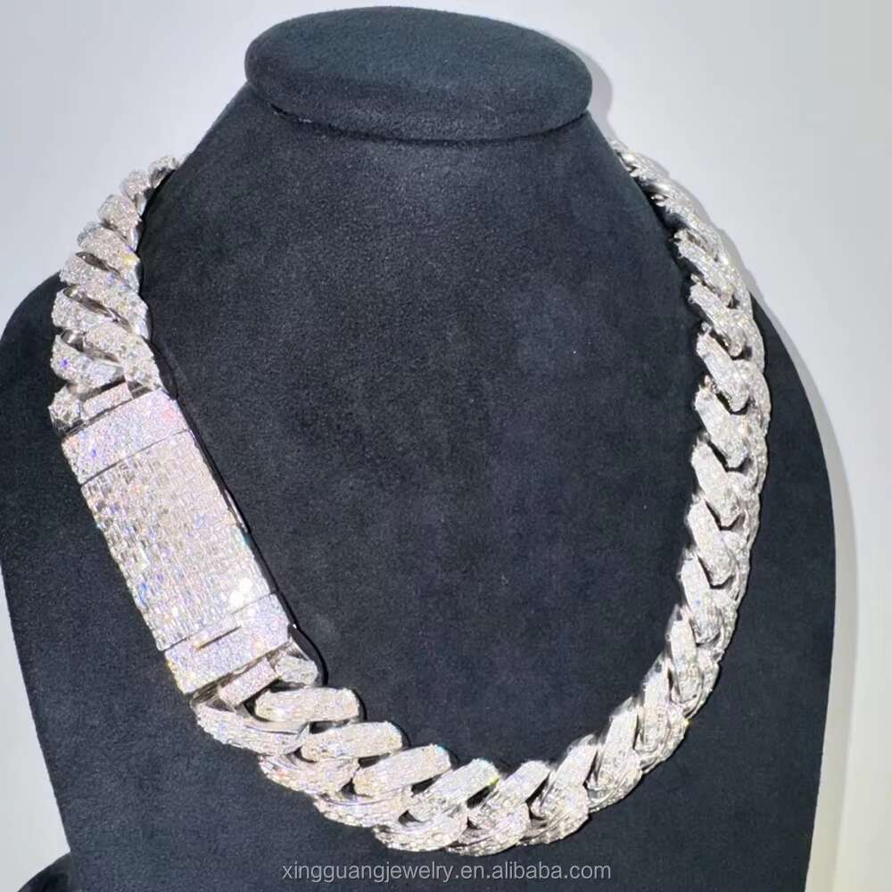 Custom Men Cuban Chain Full Emerald Cut VVS Moissanite White Gold S925 Silver Cuban Link Chain Necklace Hip Hop Jewelry