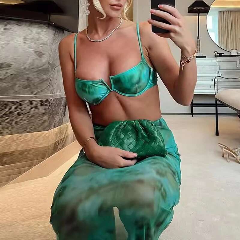 Three Piece Tie-dye Bikini 2025 Female Swimwear Brazilian Beach Micro Thong with Long Skirts Set Biquini Women's Swimsuits