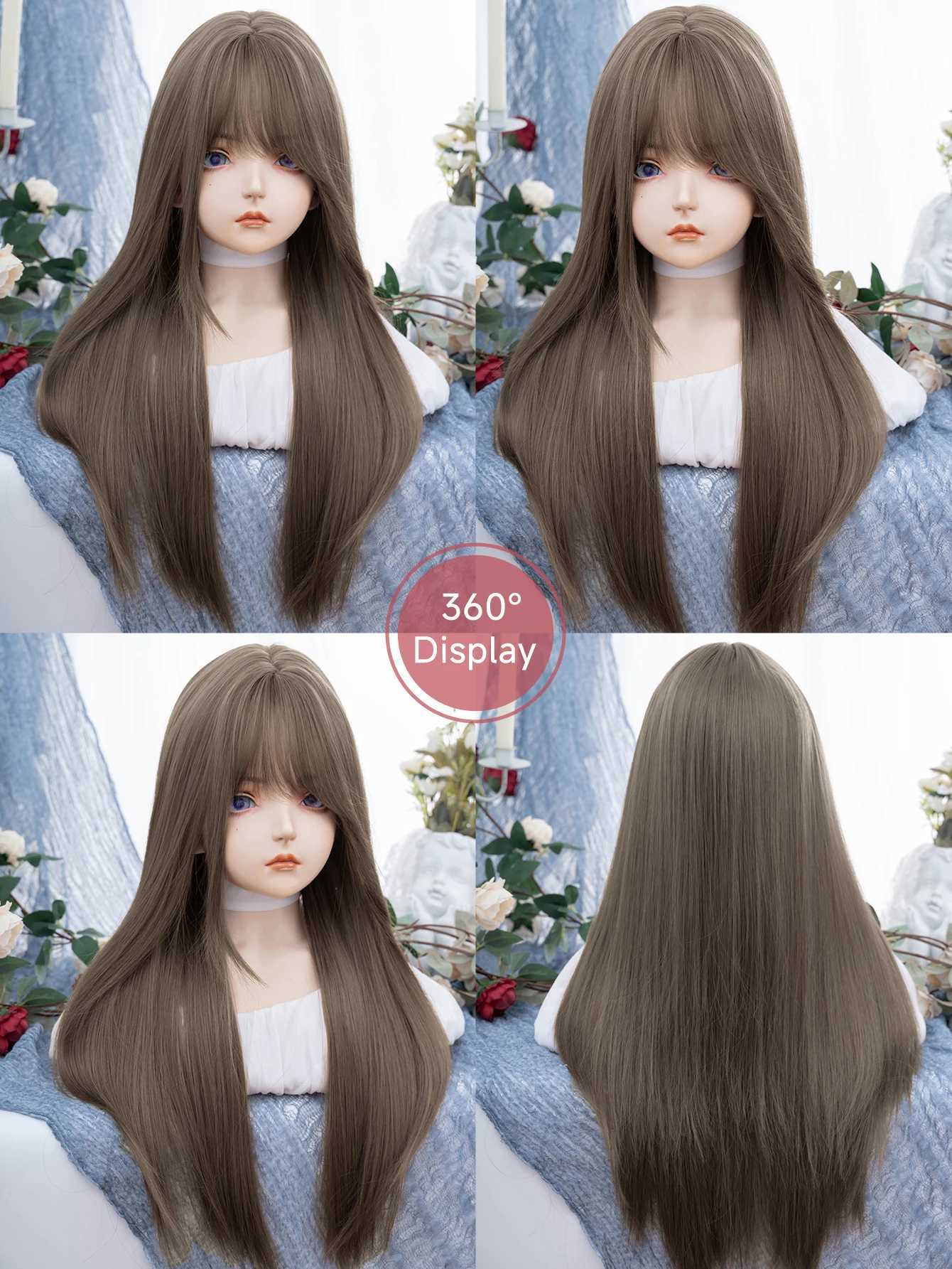28Inch Wild Style Honey Ash Brown Synthetic Wigs With Bangs Long Straight Hair Mechanism Wig For Women Daily Use Heat ResistantT251111