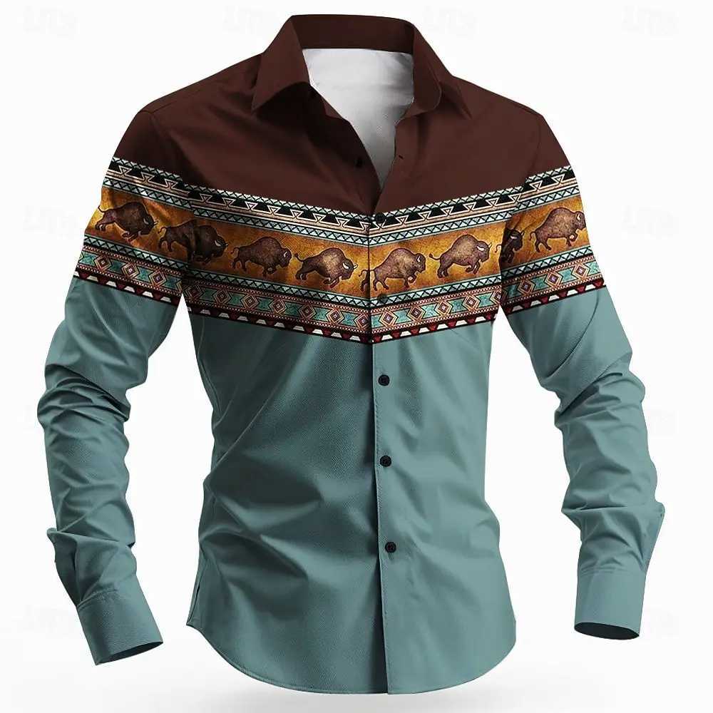 Vintage Mens Long Sleeve Shirt Aztec Bull Ethnic Shirt Button Up Shirt Streetwear Casual Comfort Polyester Slim Fit Shirts K251110