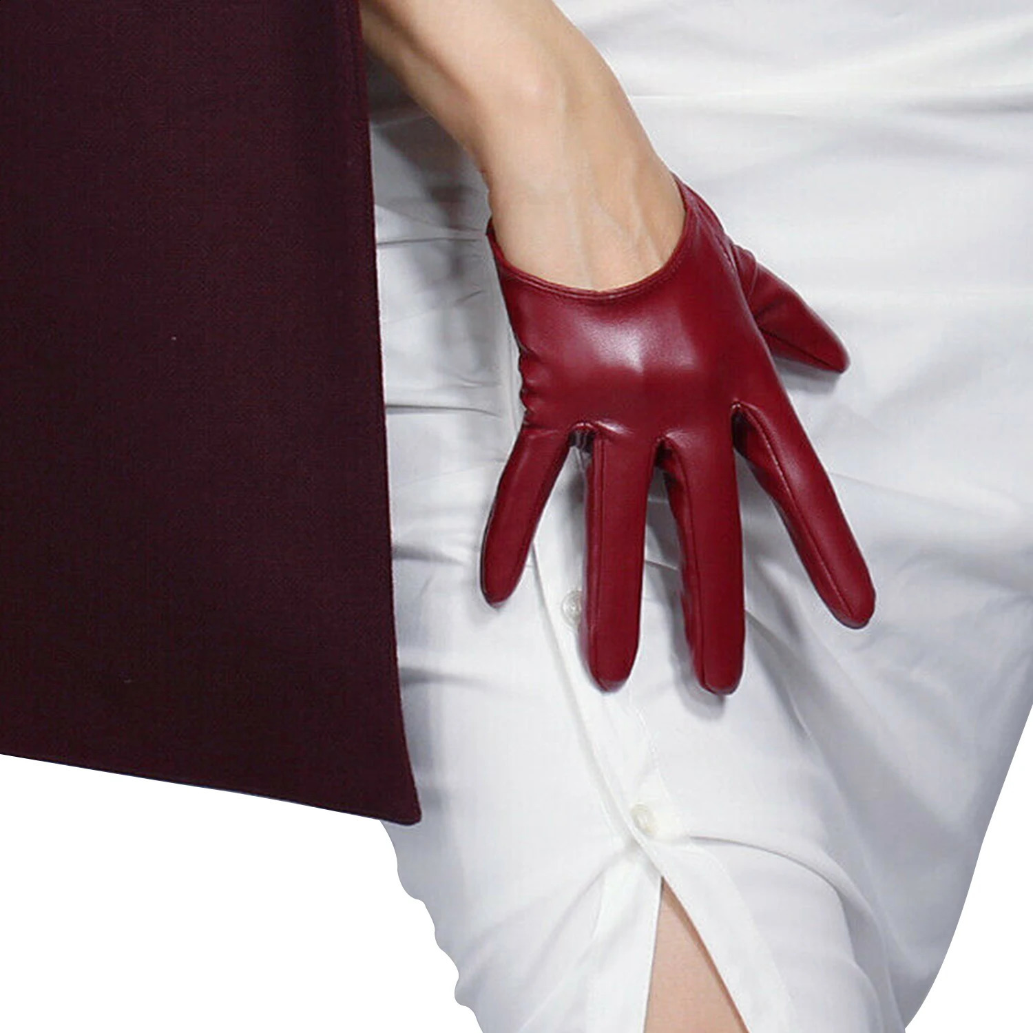DooWay Womens Burgundy Latex Gloves Short Half Palm 5-inch Faux Lambskin PU Dark Red Party Cosplay Evening Dressing Glove 250408