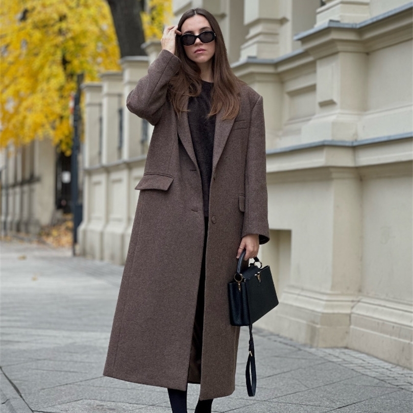 Brown Shoulder Pad Wool Blend Overcoat Women Elegant Lapel Singlebreasted Long Sleeve Coat Autumn Lady Outerwear 251106