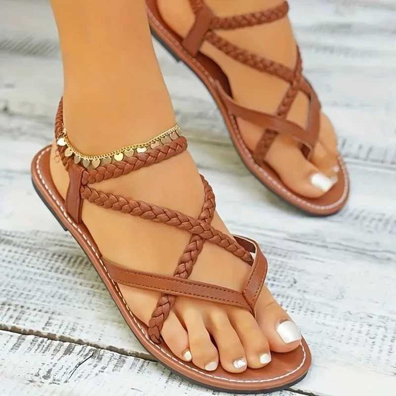 Fi casual flat shoes womens plus size womens shoes summer new woven foot elastic band Roman beach shoesXJ250410