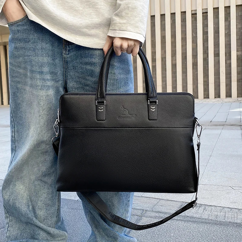 leather mens handbag casual simple large capacity business briefcase denim mens 14 inch notebook bag SAC 250410