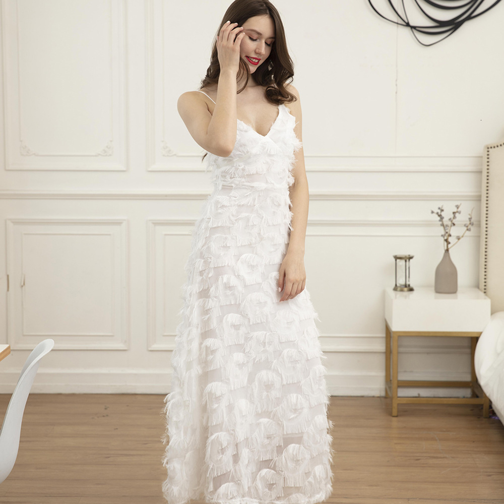 Strap Sexy Light Luxury Evening Women's New Open Back Feather Lace Party Long Dress