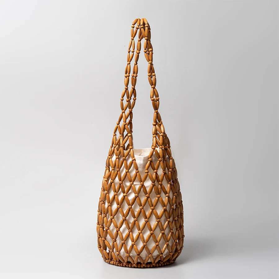 Women Woven Hand Summer Design Hollow-Out Wooden Bead Tote Bucket Shoulder Bag Female Reticulate Netted Canvas Beach Handbag