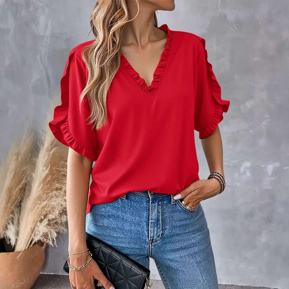 2025 Independent Station Wish Amazon Hot Item Summer Simple Solid Color Short Sleeve Ruffle V-Neck Shirt Top For Women a63b