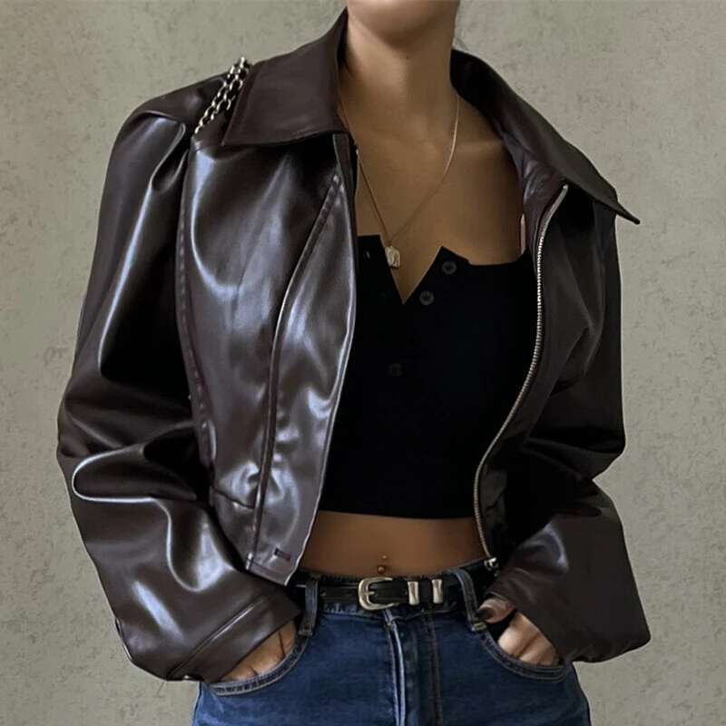 Xeemilo PU Faux Leather Jacket Aesthetic Fashion Streetwear Turn-Down Collar Coat Autumn Vintage Casual Simple Long Sleeve Coats