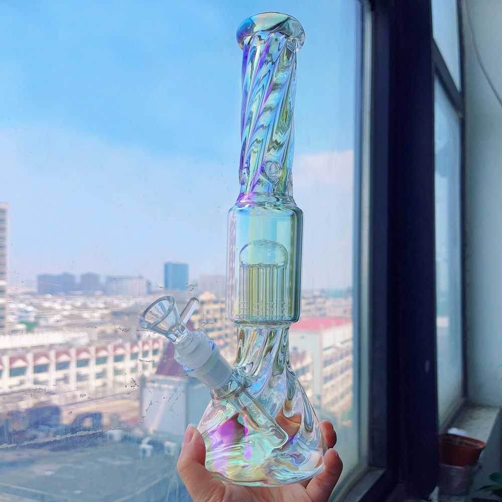 12'' Colorful Hookah Bong Bubbler Straight Tube with Downstem Perc Rainbow Glass Water Pipe 14mm Bowl Iridescent Twisted Shisha for Smoking