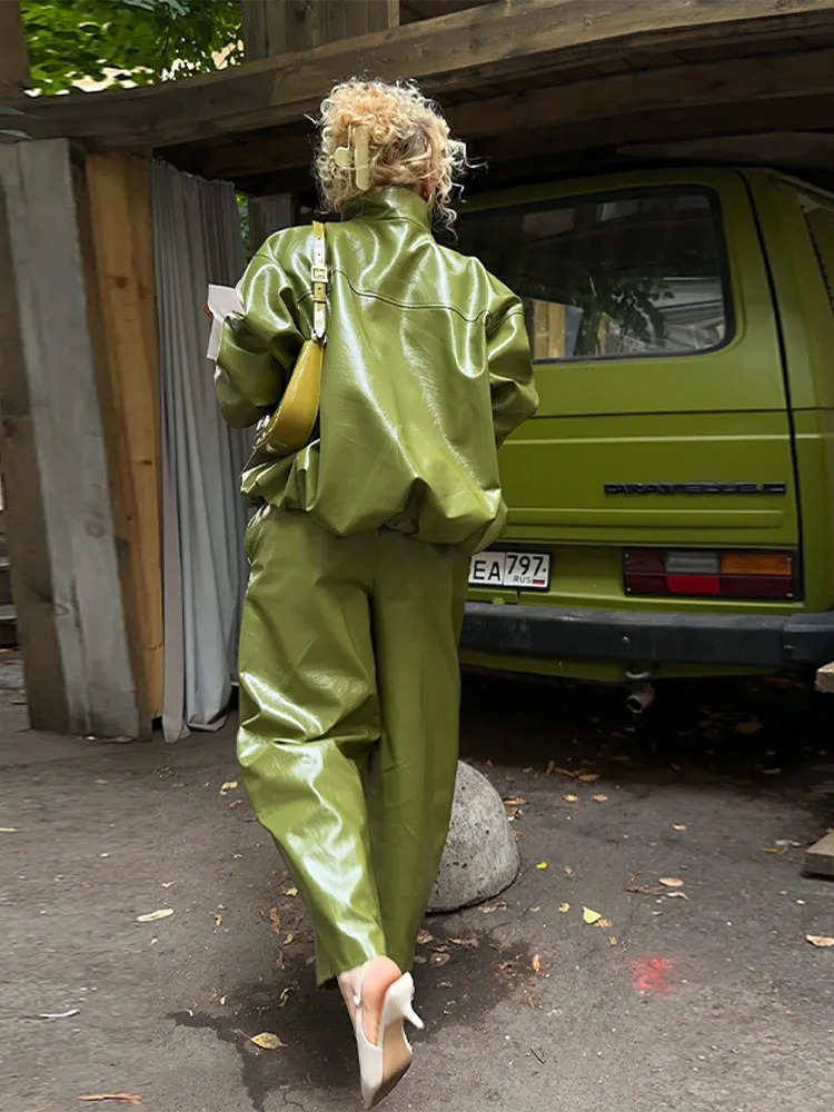 Vintage Street Leather Skirts Coats Suits Women Standneck Zipper Long Sleeves Sets Female 2025 Autumn Fashion Solid Streetwears 251105